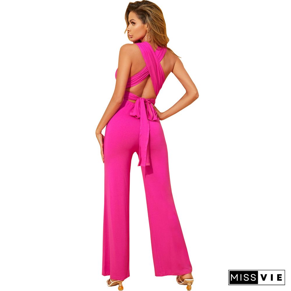 Solid Color Sleeveless Crisscross Back Straight Jumpsuit