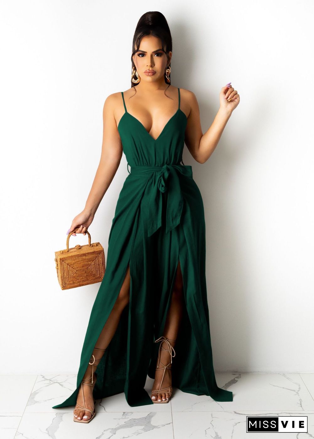 Summer Hot Style Women Elegant Solid Color Deep V Neck Wide Leg Split Spaghetti Strap Bandage Jumpsuit