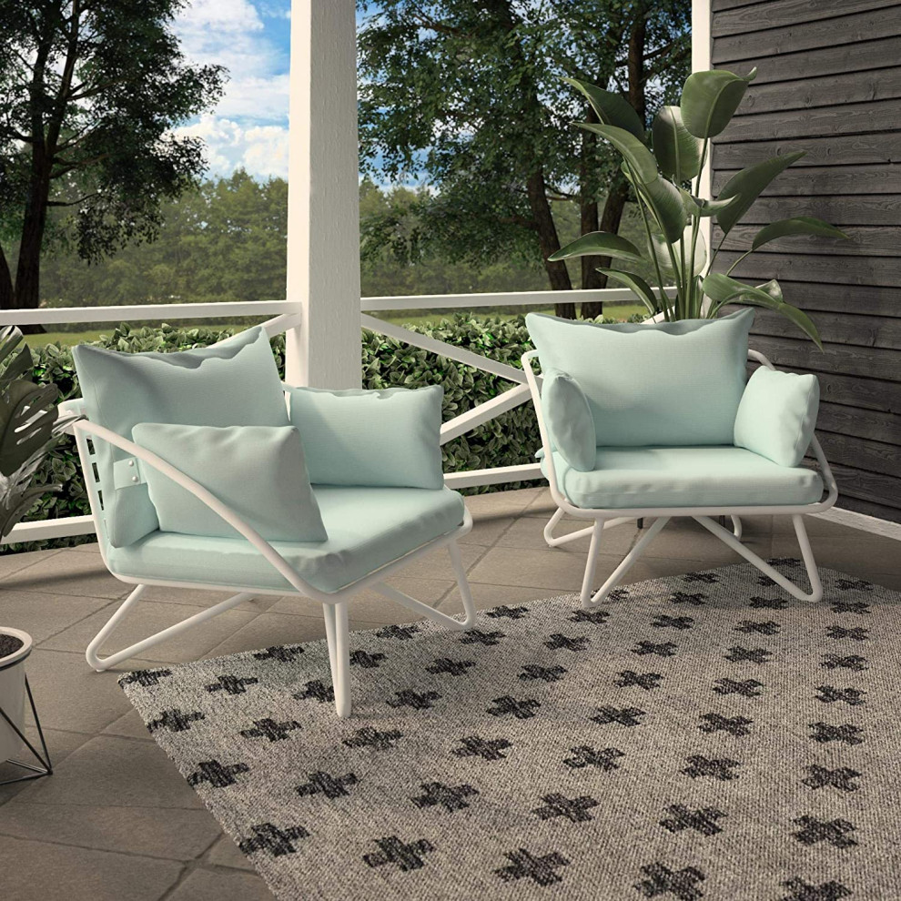 Set of 2 Outdoor Lounge Chair  Geometric Frame With Cushioned Seat   Midcentury   Outdoor Lounge Chairs   by Decor Love  Houzz