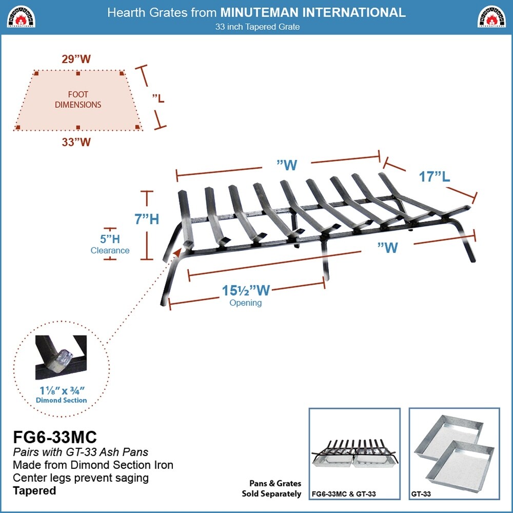 Minuteman International Sturdy Tapered Hearth Grate for Logs  33 Inch Long  Black