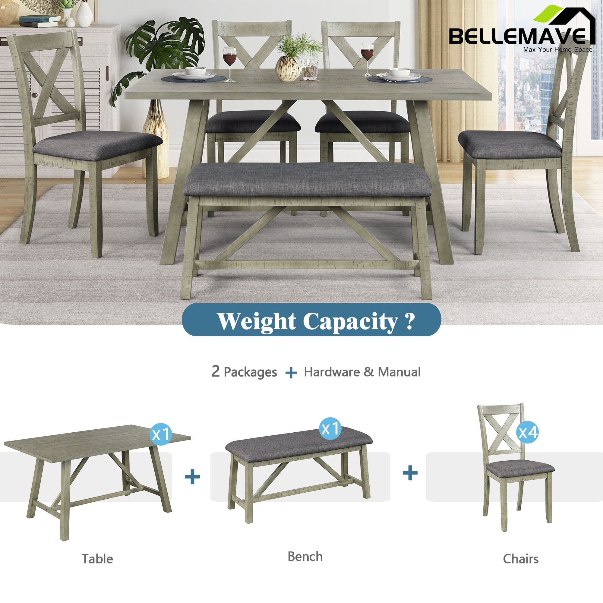 Bellemave Modern 6 Piece Dining Table Set, Wood Counter Height Dining Table with 4 Chairs and a Bench, Kitchen Table Set for 6 Persons, Green