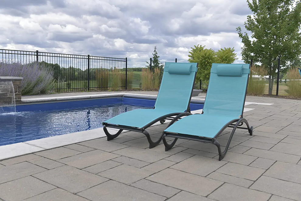 Set of 2 Patio Chaise Lounge  Curved Aluminum Frame With Blue Hawaii Sling Seat   Contemporary   Outdoor Chaise Lounges   by Decor Love  Houzz