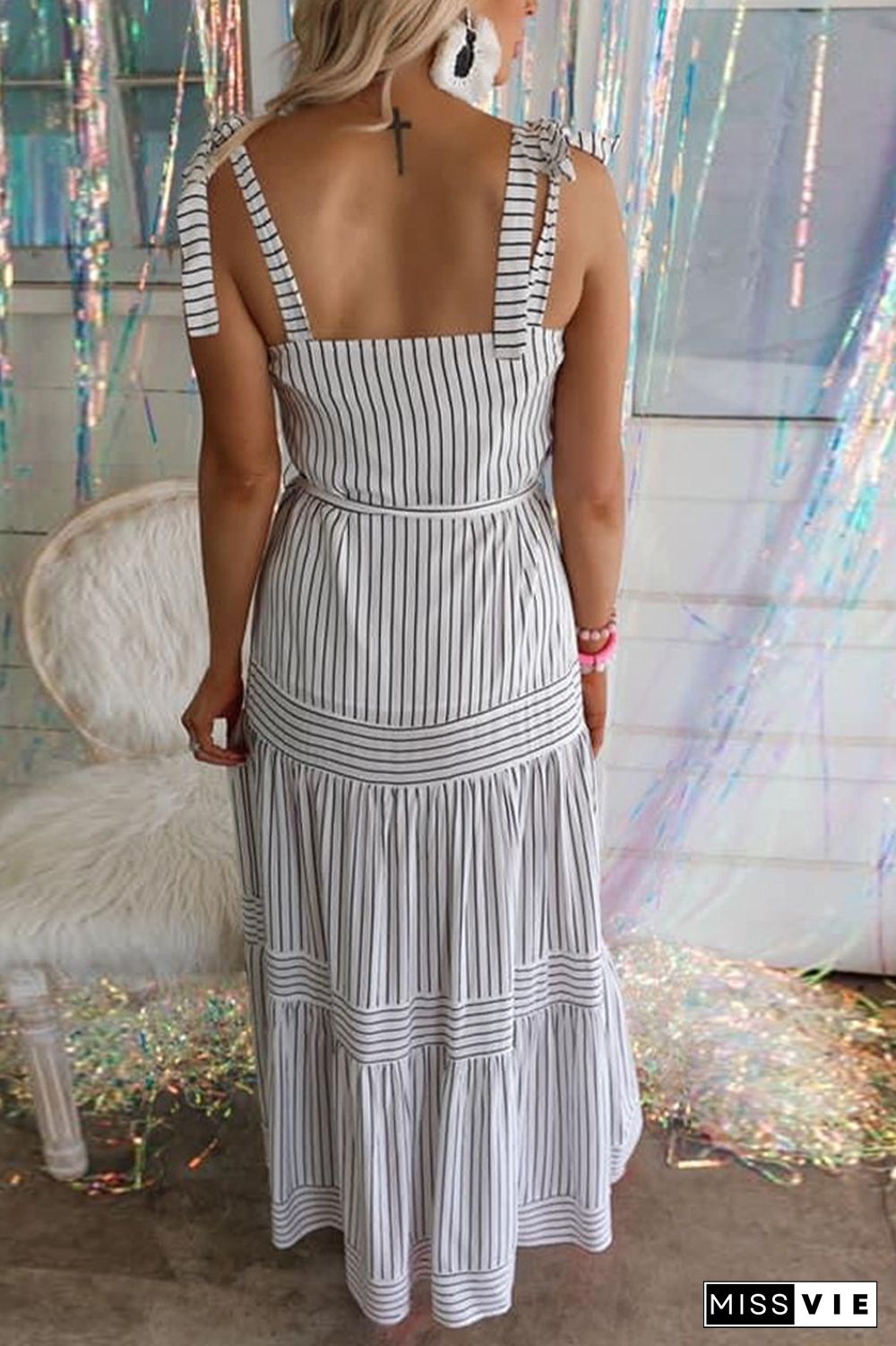 White Pin Striped Spaghetti Strap Tiered Maxi Dress