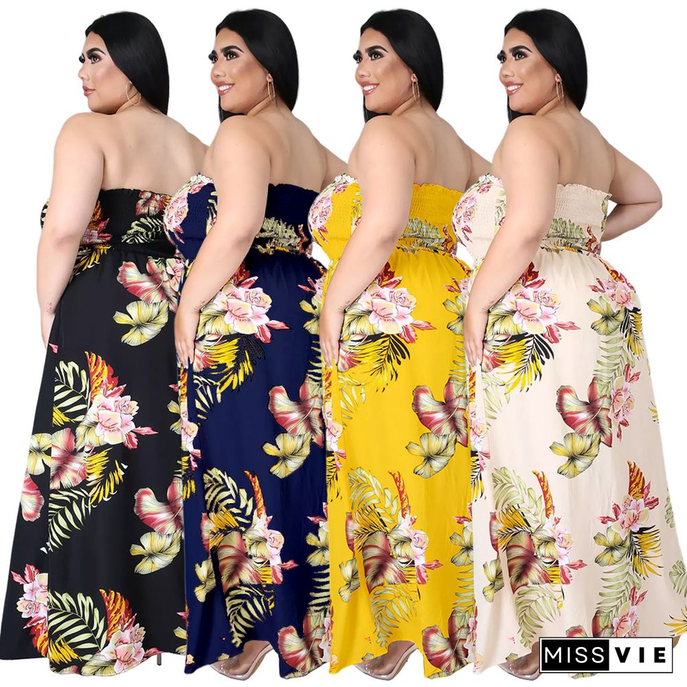 Summer Plus Size Women Clothing Floral Print Elastic Waist Beach Casual One Piece Split Jumpsuit