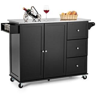 Costway Black Kitchen Island 2-Door Storage Cabinet Stainless Steel Top wDrawers HW64505BK