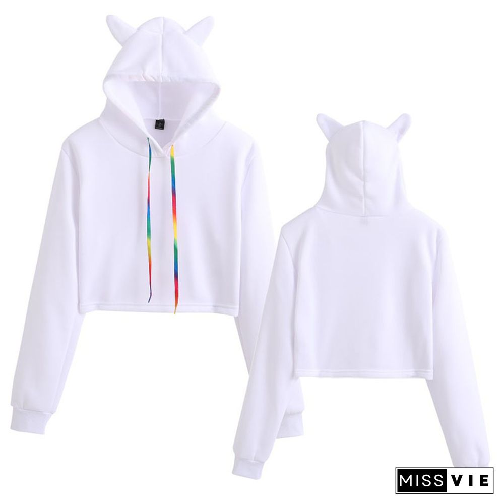 Pure Color Cat Ears Short Hoodie