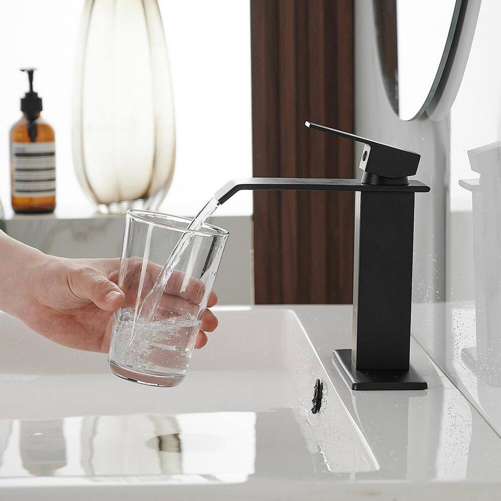 BWE Waterfall Single Hole Single-Handle Low-Arc Bathroom Faucet With Pop-up Drain Assembly in Matte Black A-96004-Black