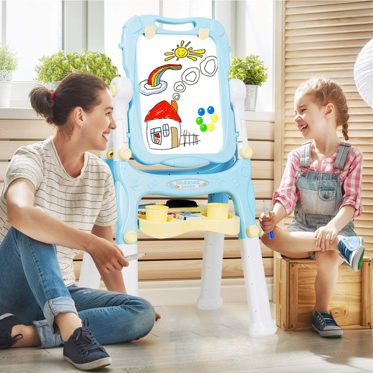 Costzon Art Easel for Kids, 360 Rotate Adjustable Double Side Standing Toddler Portable Magnetic Drawing Set with Chalkboard