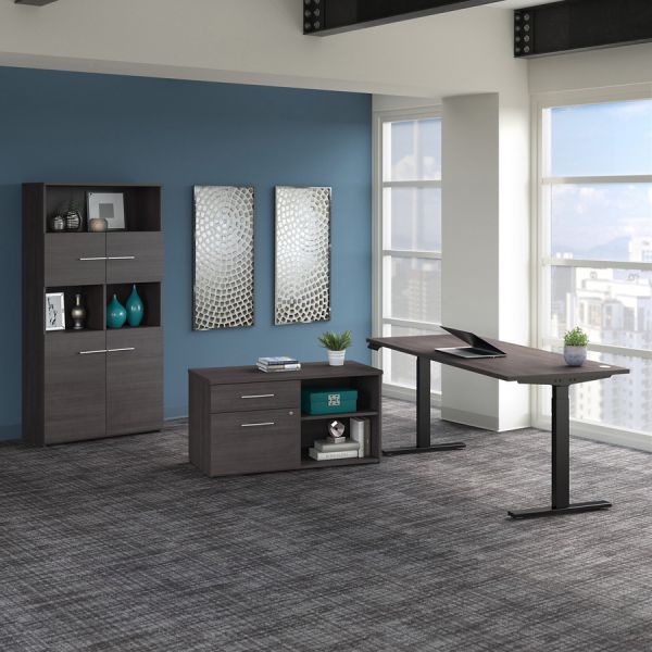 Bush Business Furniture Office 500 72W Height Adjustable Standing Desk with Storage and Bookcase in Storm Gray