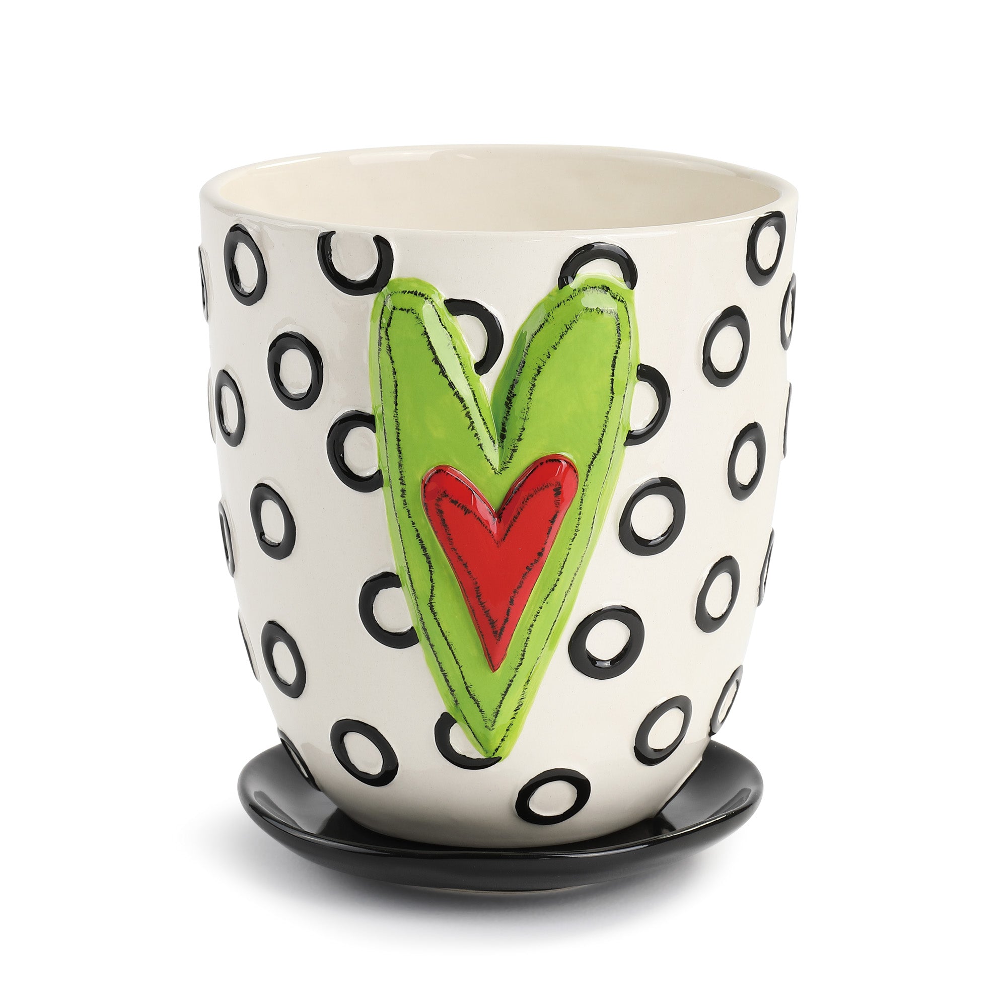 DEMDACO Circles Heart Black and White 7 x 5 Ceramic Stoneware Standing Planter Pot With Saucer