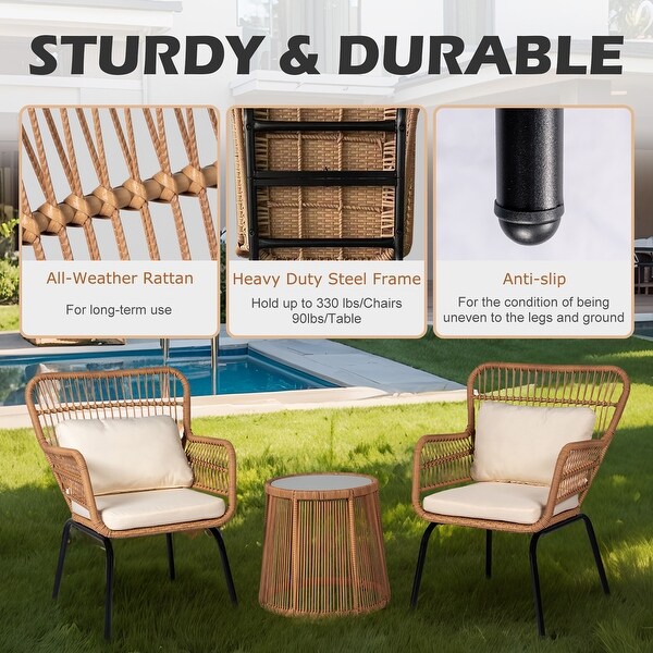 3 Piece Outdoor Wicker Conversation Bistro Set，AllWeather Rattan Furniture Patio Chairs Set with Cushions