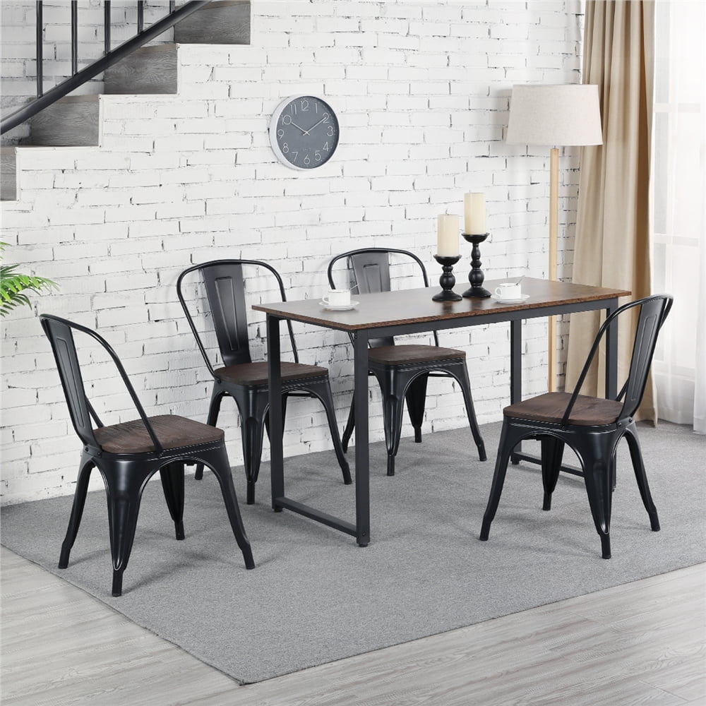 Alden Design Metal Stackable Dining Chairs with Wooden Seat， Set of 4， Black