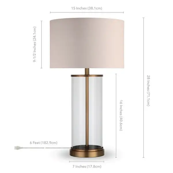 Reeves Cylindrical Clear Glass and Antique Brass Table Lamp with Linen Shade