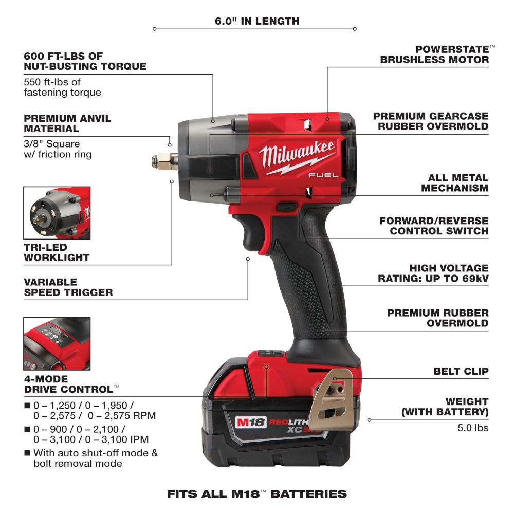 Milwaukee M18 FUEL 3/8 Mid-Torque Impact Wrench with Friction Ring Kit 2960-22 from Milwaukee