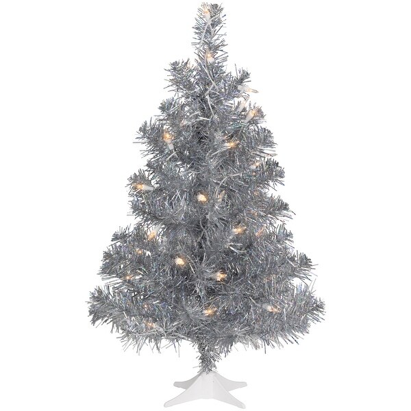 2' Prelit Medium Silver Iridescent Tinsel Pine Artificial Christmas Tree，Clear Lights