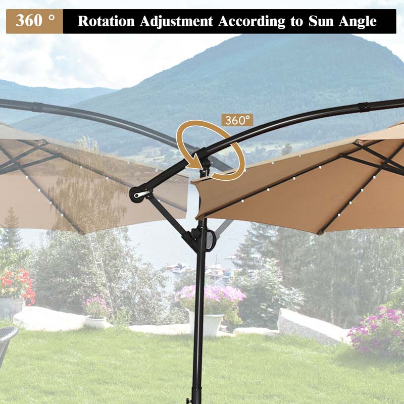 10 FT Patio Offset Umbrella with Solar Lights 360° Rotation Outdoor Market Umbrella with Crank Handle & Cross Base