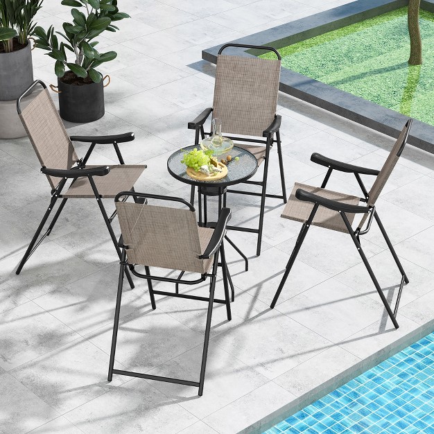 Tangkula 4 Pcs Patio Bar Chair Folding Bar Height Metal Frame W Footrest Garden Brown