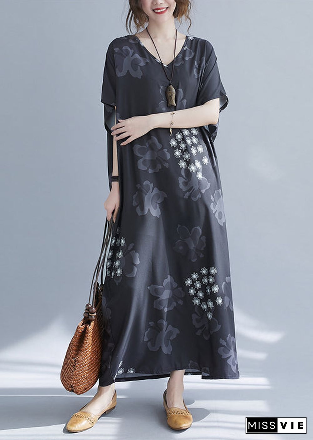 Baggy Black V Neck Snowflake Print Chiffon Long Dresses Short Sleeve