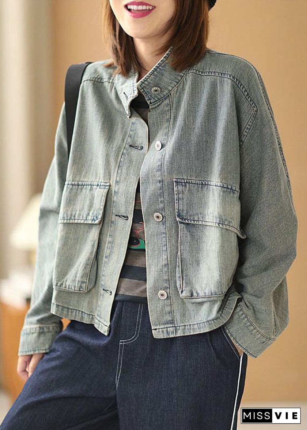 Plus Size Light Blue Pockets Button Fall Denim Long Sleeve Coat