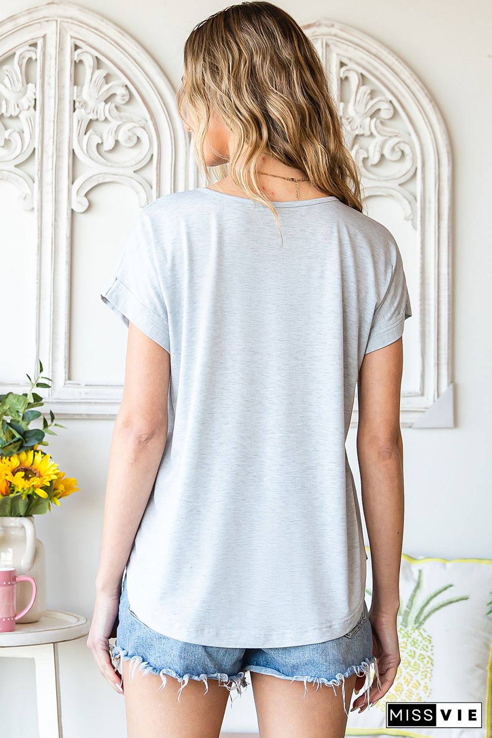 Gray V Neckline Buttoned Detail T-shirt