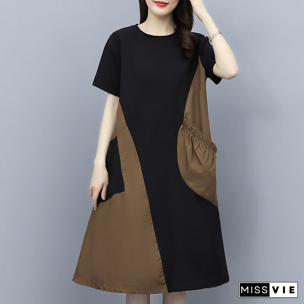 Contrast Stitching Dress In Long Large Size Loose Slim Belly Skirt