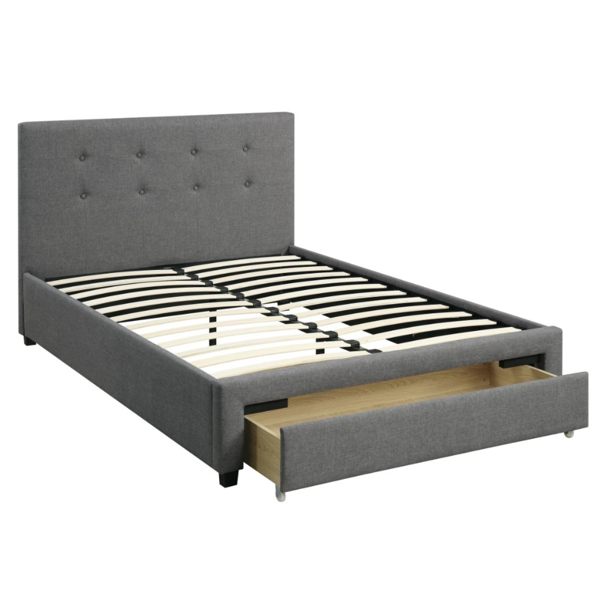 Upholstered Wooden Queen Bed With Button Tufted Headboard & Lower Storage Drawer Gray