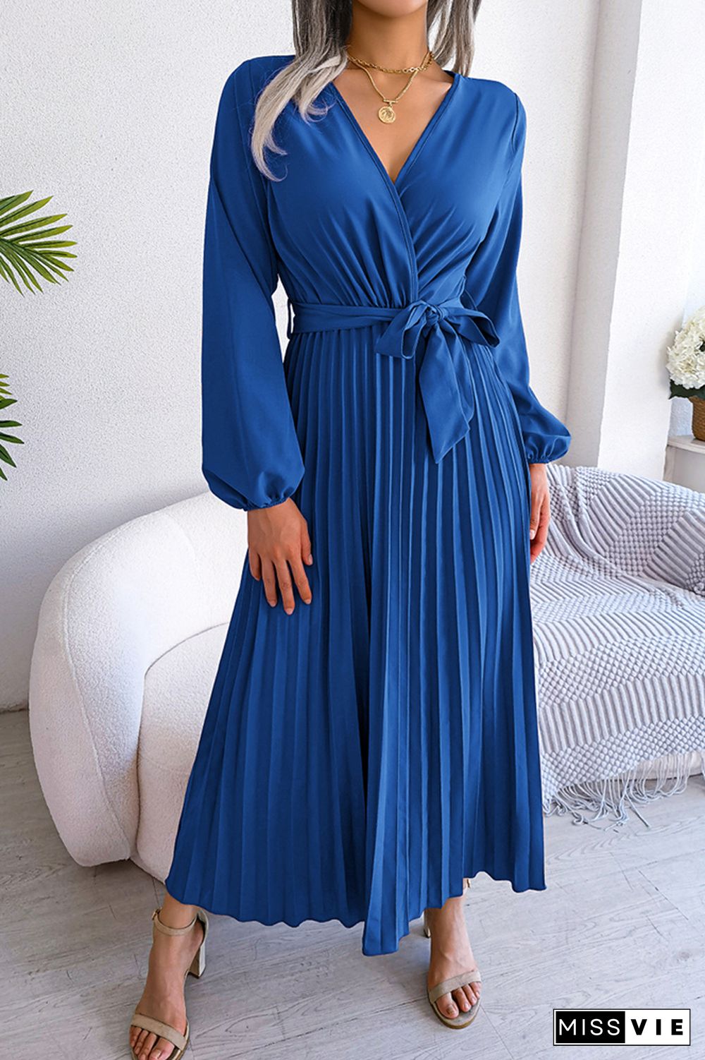 Plain Wrap V Neck Pleated Maxi Dress