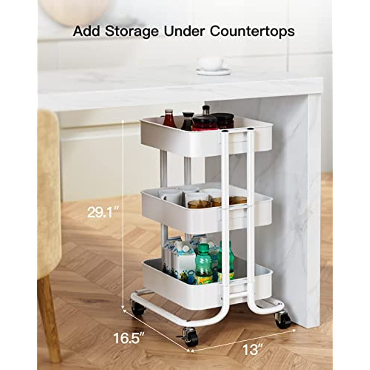 Metal Rolling Utility Cart 3-Tier， Heavy Duty Storage Cart with 2 Lockable Wheels， Multifunctional Mesh Organization Cart for Kitchen Dining Room Living Room (White)