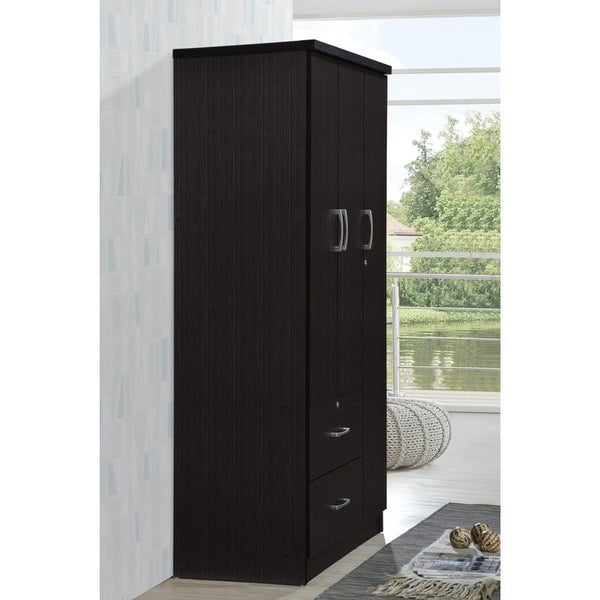 Hodedah Import 3 Door Armoire with Clothing Rod， Shelves， and 2 Drawers， Chocolate - - 37191679