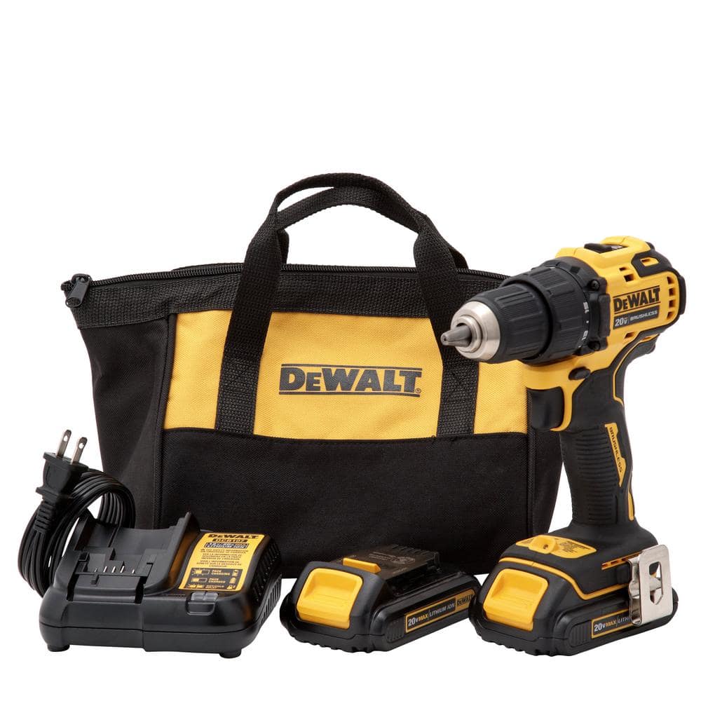 DEWALT ATOMIC 20V MAX Cordless Brushless Compact 1/2 in. Drill/Driver, (2) 20V 1.3Ah Batteries, Charger and Bag DCD708C2