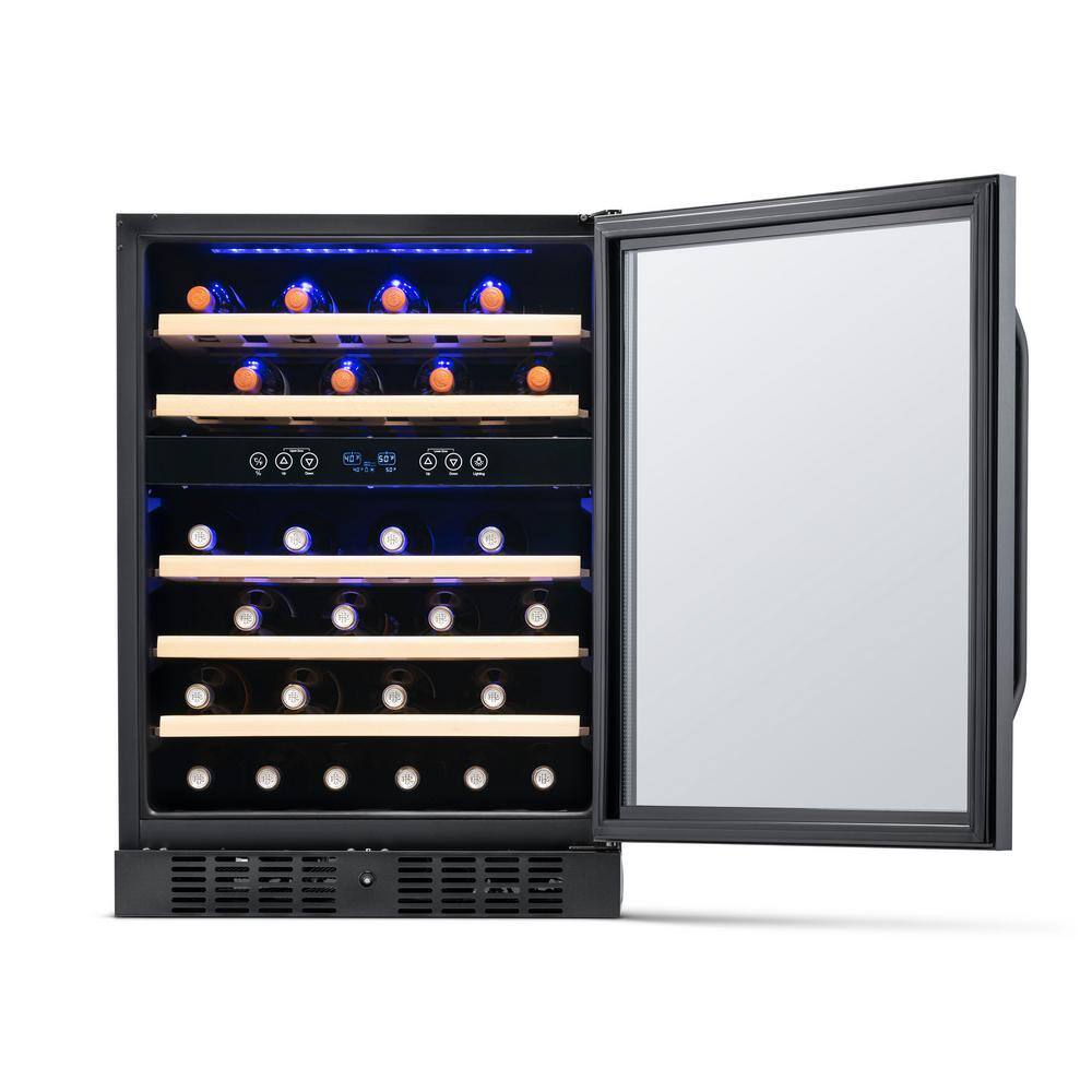 NewAir Dual Zone 24 in. 46-Bottle Built-In Wine Cooler Fridge with Quiet Operation  Beech Wood Shelves - Black Stainless Steel NWC046BS00