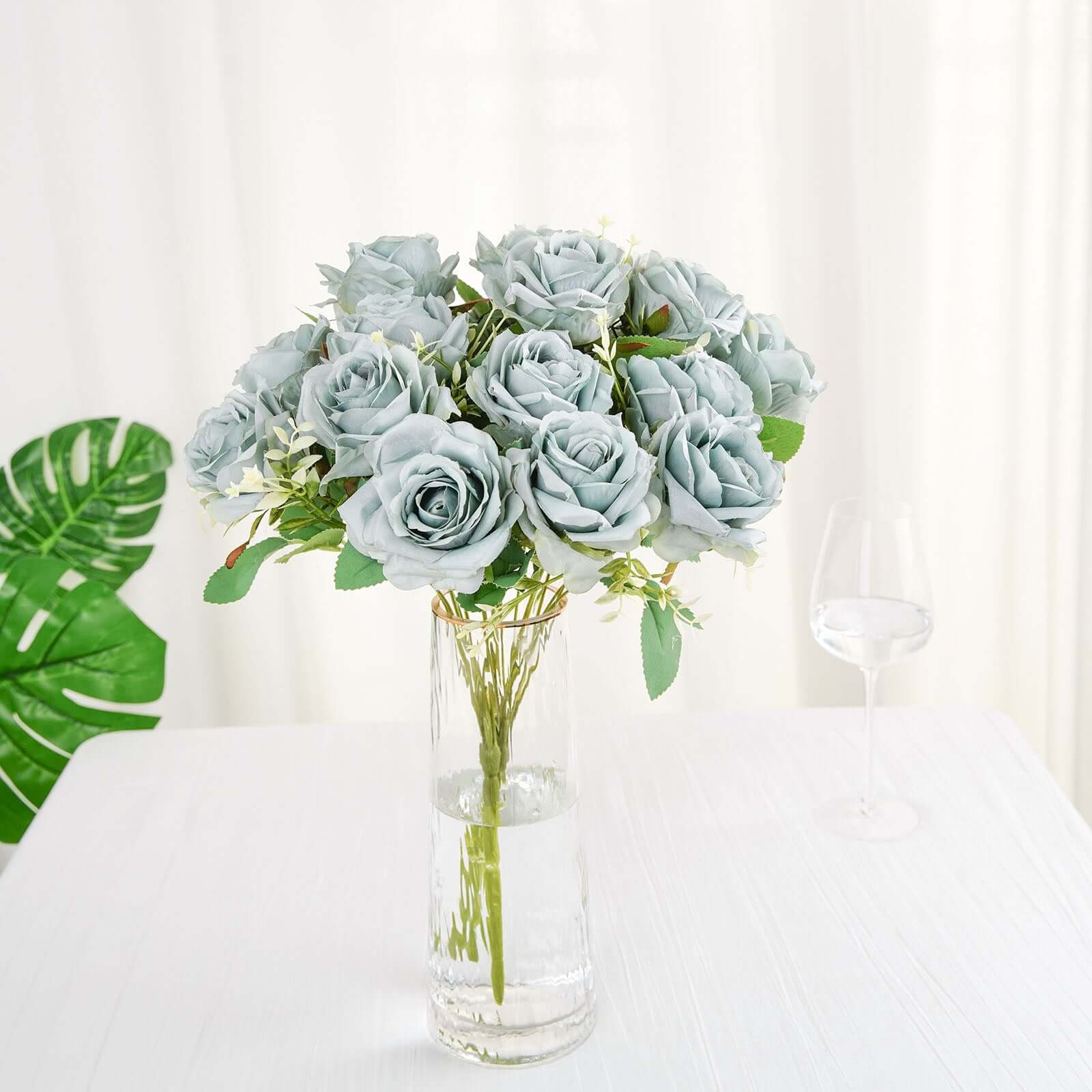 2 Bushes Dusty Blue Artificial Silk Rose Flower Arrangements, Real Touch Long Stem Flower Bouquet 18