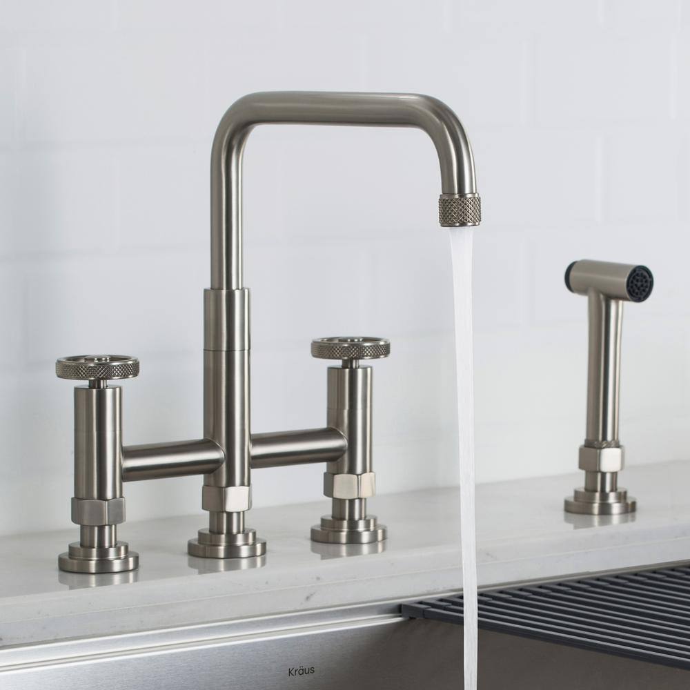 KRAUS Urbix Double Handle Industrial Bridge Kitchen Faucet with Side Sprayer in Spot Free Stainless Steel KPF-3125SFS