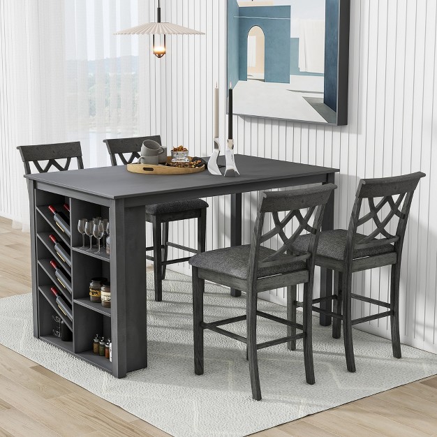 5 piece Solid Wood Counter Height Dining Table Set Table With Rack And 4 Upholstered Chairs Modernluxe