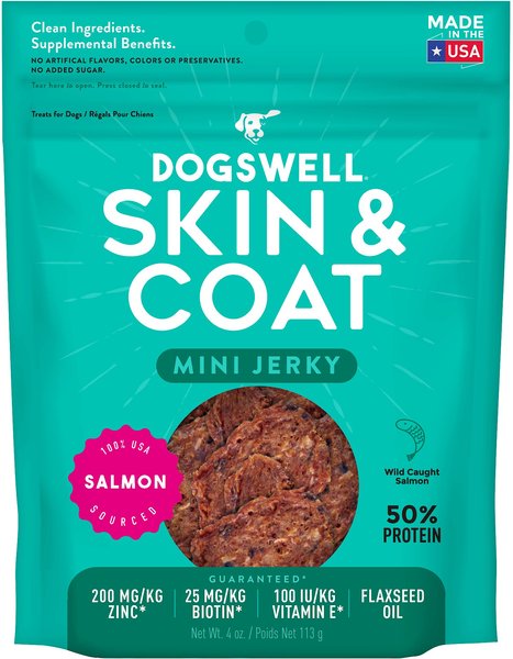 Dogswell Jerky Minis Skin and Coat Salmon Recipe Grain-Free Dog Treats