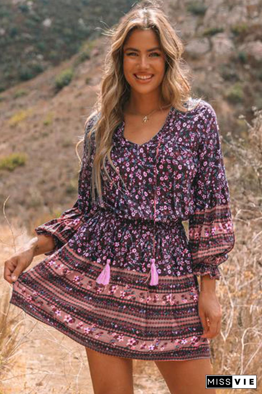 Split V Neck Boho Floral Dress