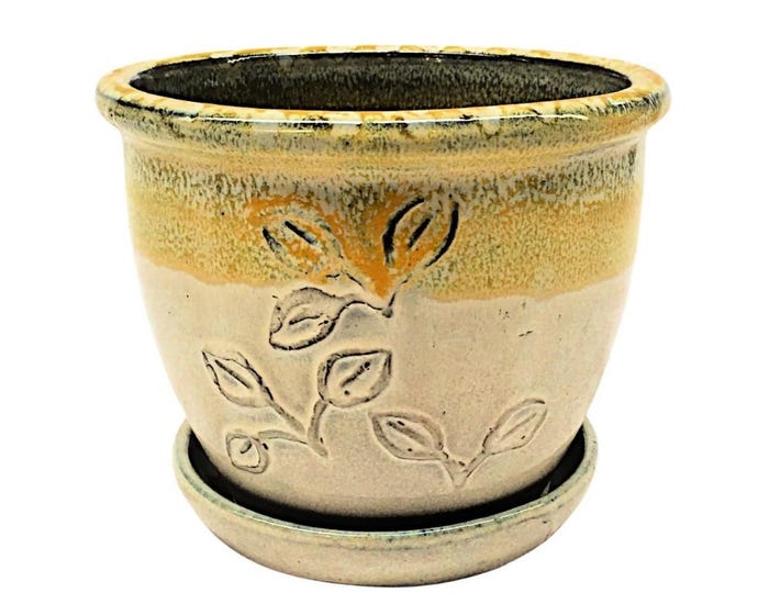 Embossed Planter with Attached Saucer， Yellow Cream， Small - R358YCS