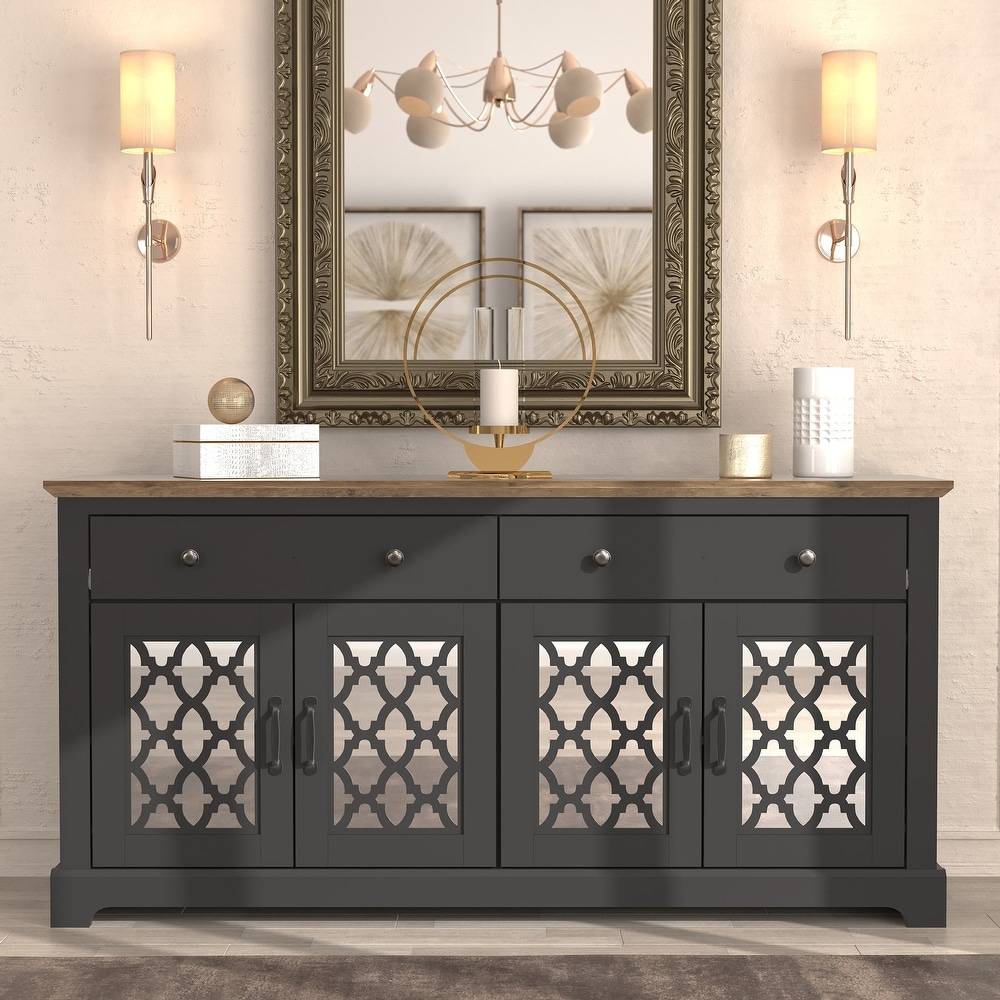 Heron Wood 59.1in. 4 Door Wide Sideboard with Adjustable Shelves and Drawers   59.1\