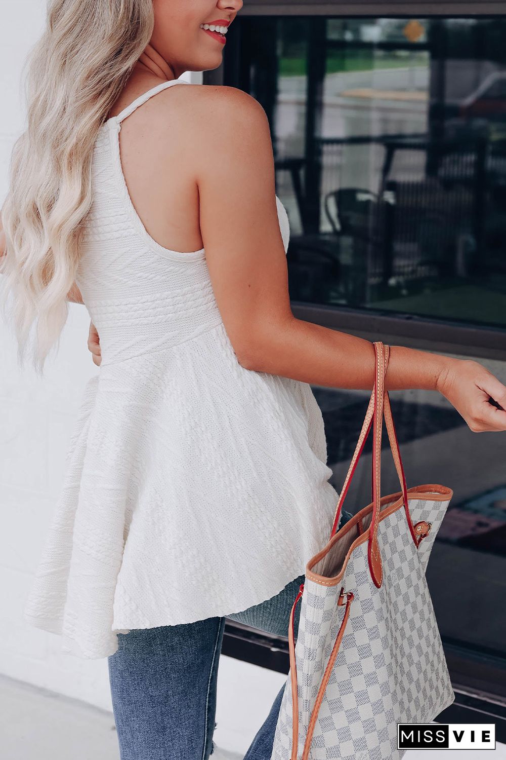 Beige Knitted Ruffled Spaghetti Strap V Neck Tank Top