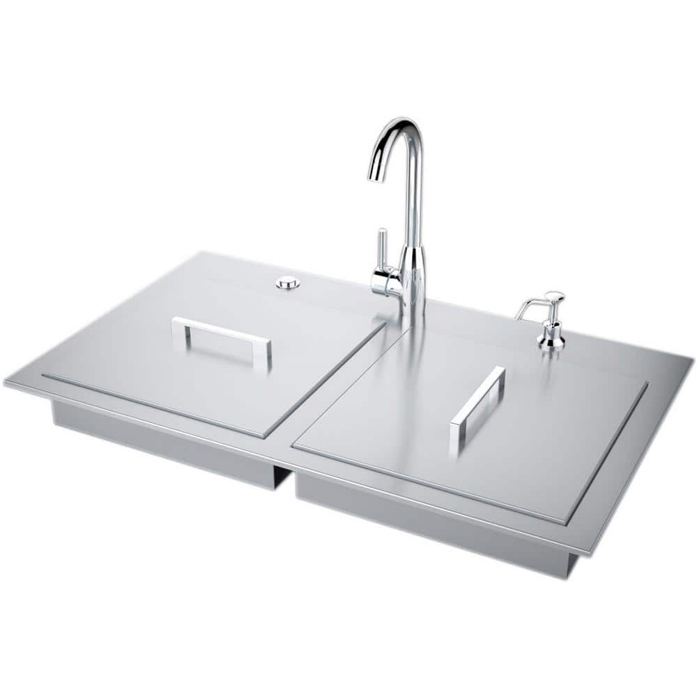 Sunstone 37 in. Stainless Steel Double Sink with Built-In Covers and Hot/Cold Faucet ADA Compliant ADASK37