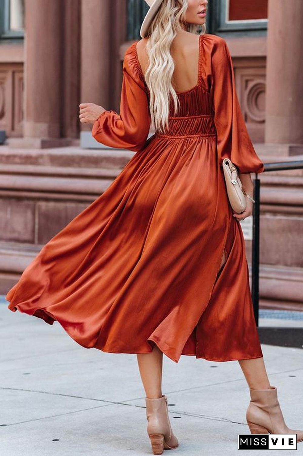 Satin Pocket Drawstring Long Sleeve Midi Dress