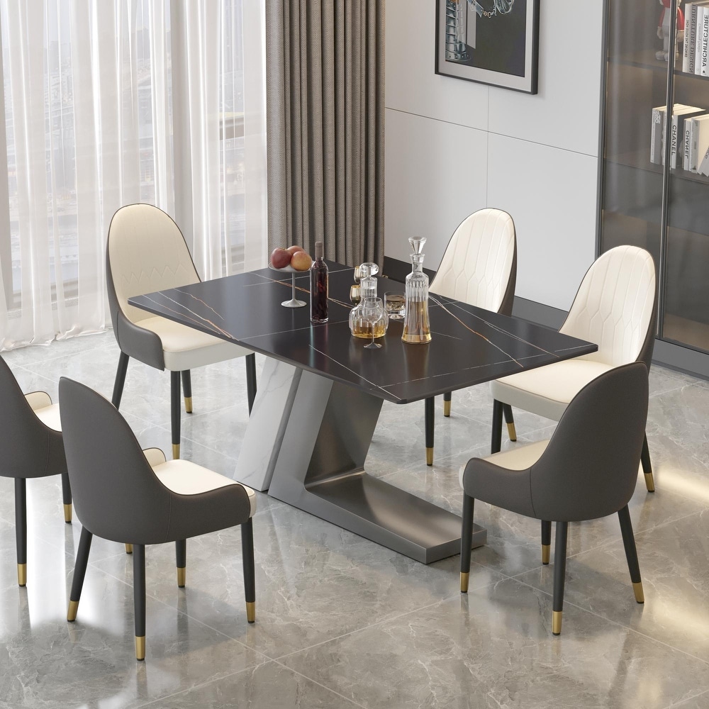 Modern Black Dining Table with Sintered Stone Rectangle Tabletop and Gray Steel Wire Drawing Base Marble Dining Table