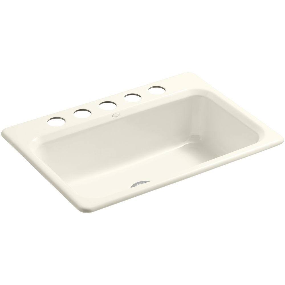 KOHLER Bakersfield Undermount Cast Iron 31 in. 5-Hole Single Bowl Kitchen Sink in Biscuit K-5832-5U-96