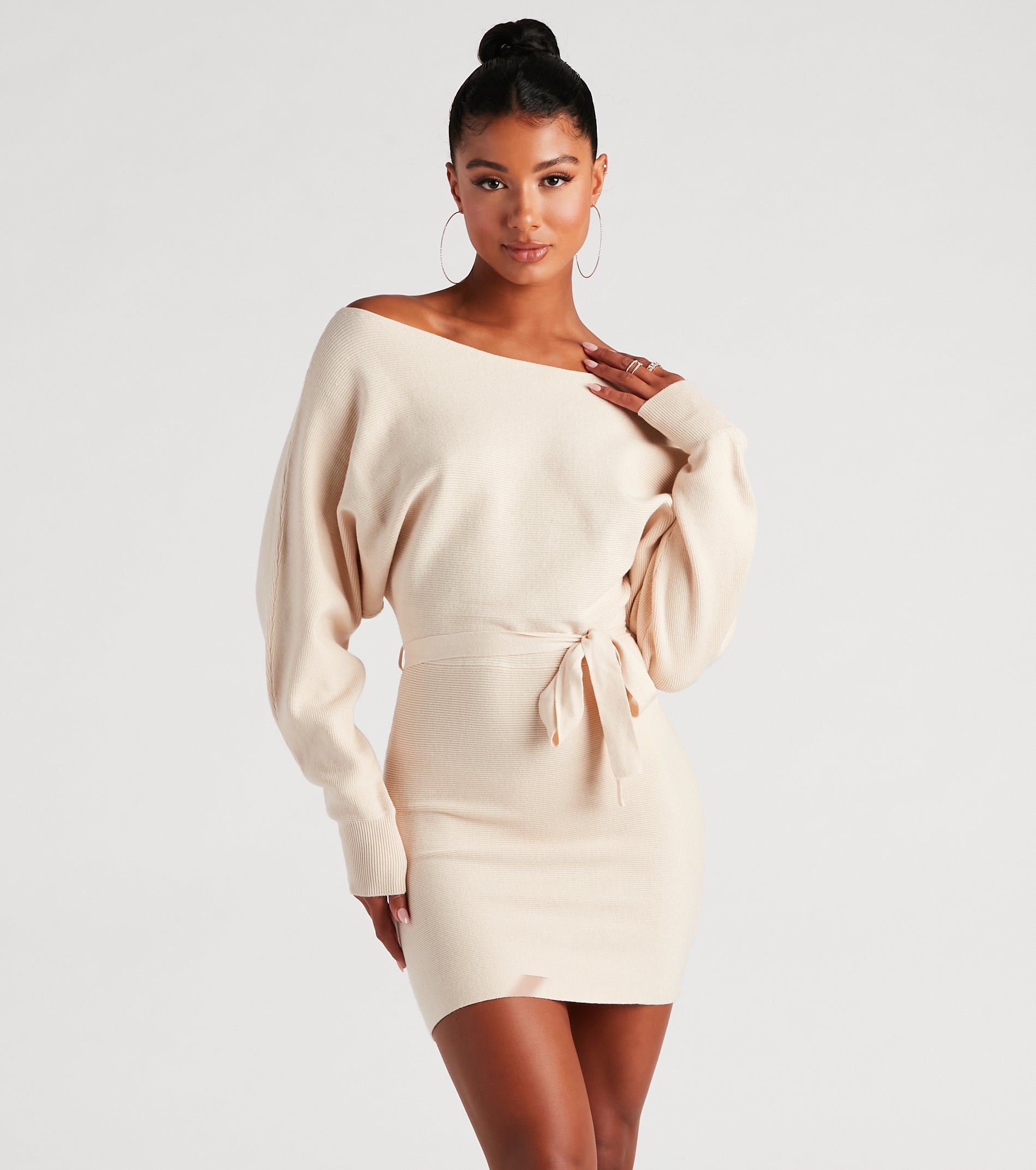 Cold Classic Dolman Sleeve Belted Sweater Dress