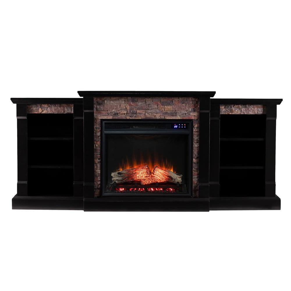 Southern Enterprises Nordena 71.75 in. Touch Panel Electric Fireplace in Satin Black with Black River Faux Stone HD053639