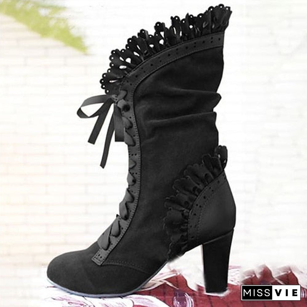 High Heel Boots Women Steampunk Women Sexy Leather Suede Boots Autumn Vintage Winter Shoes Women Lace Up Cosplay Boots HVT373