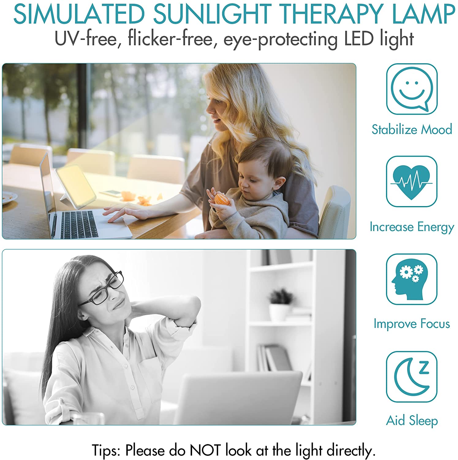 Light Therapy Lamp, 15000 Lux Simulated Sunlight, UV-Free LED Lamp, Touch Control Lamp with 3 Color Temperature & 5 Brightness Settings, Adjustable Brightness Sun Lamp for Home/Office Use, Timer Funct