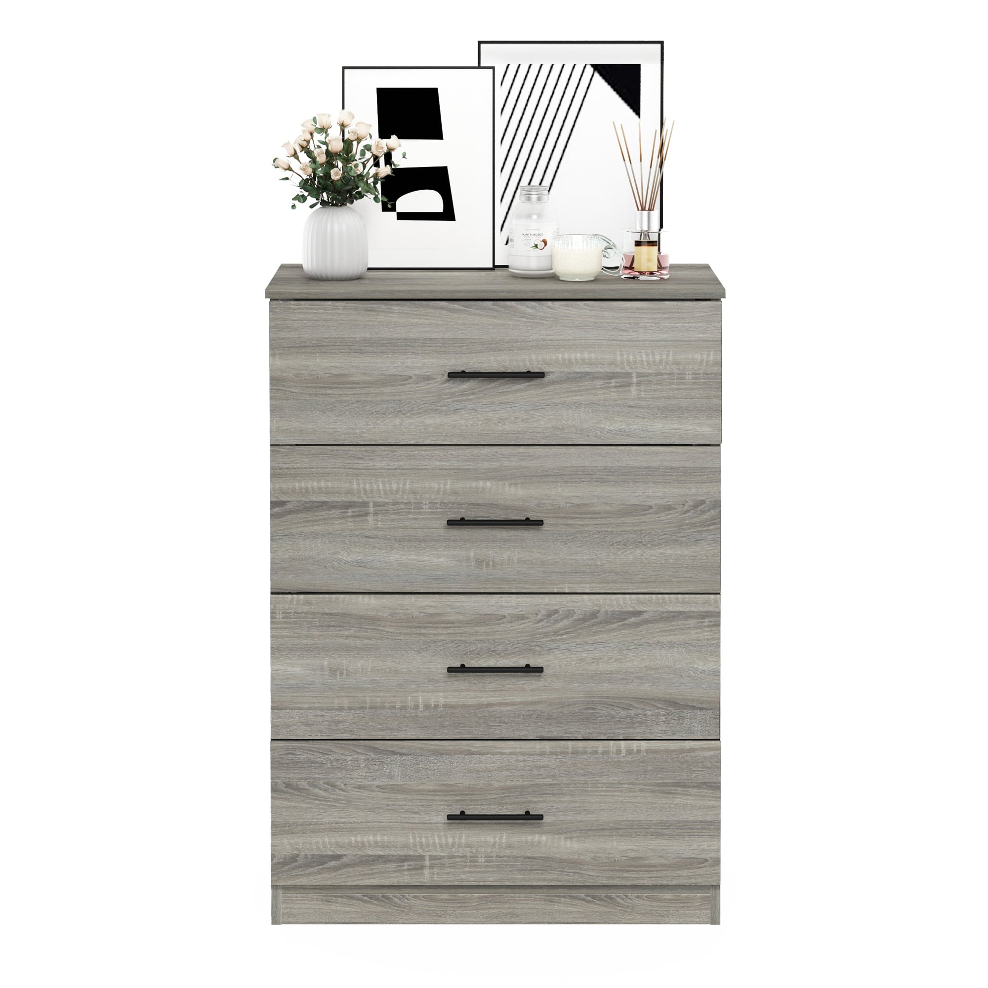 Furinno Tidur Simple Design 4-Drawer Dresser with Handle, French Oak Grey