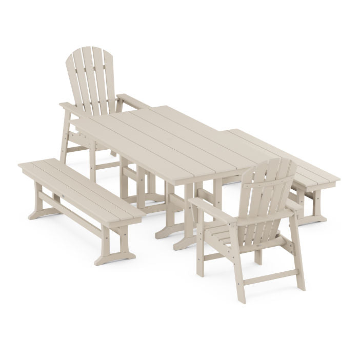 Polywood South Beach 5-Piece Farmhouse Dining Set with Benches PWS1192-1