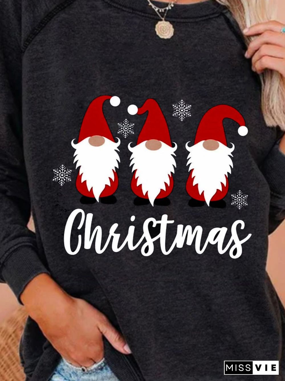 Christmas Xmas Long Sleeve Round Neck Plus Size Printed Tops Sweatshirts